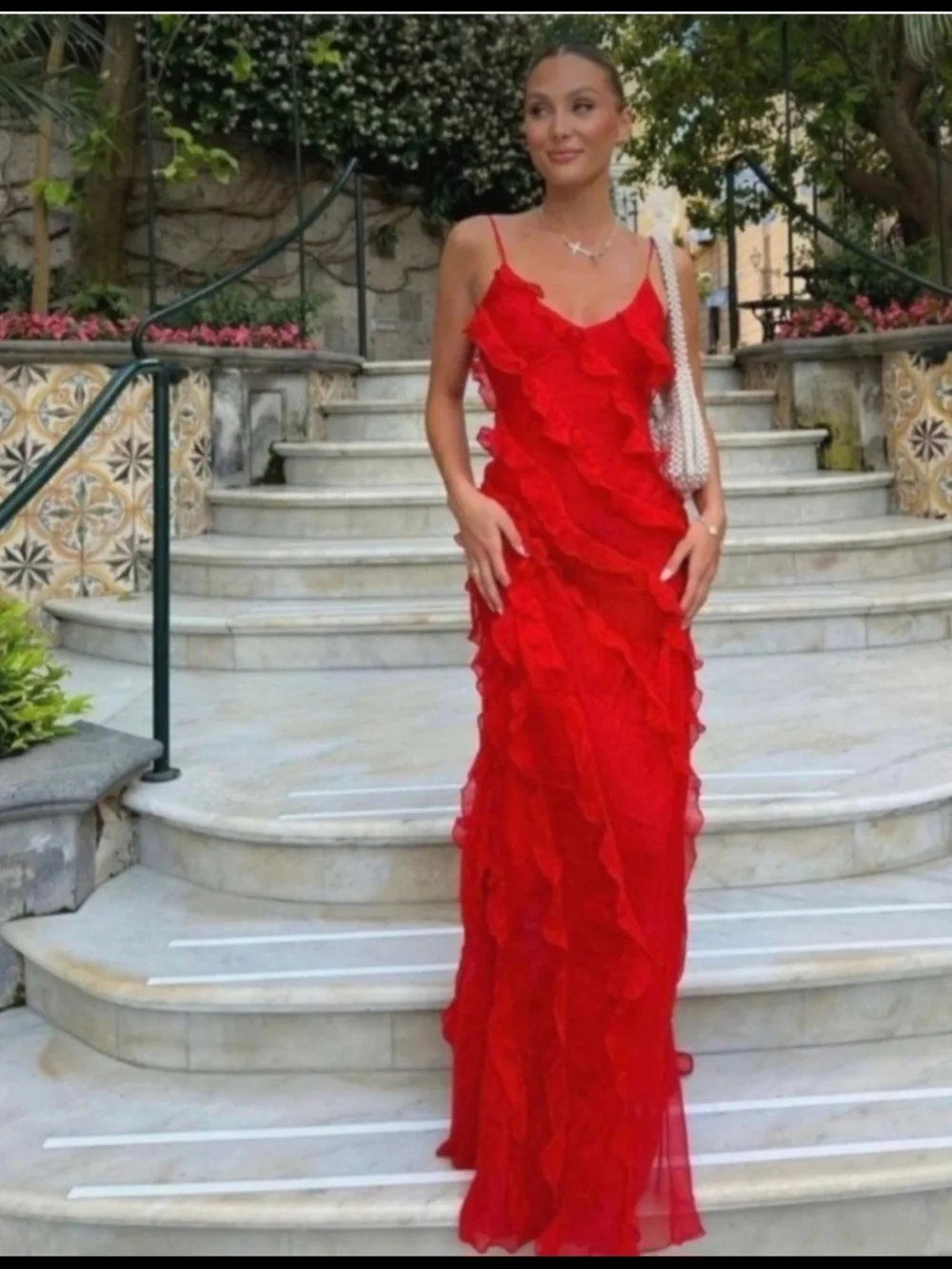 Rat & Boa Red Ruffled Maxi Slip Dress with Side Slit - Picture 6 of 7